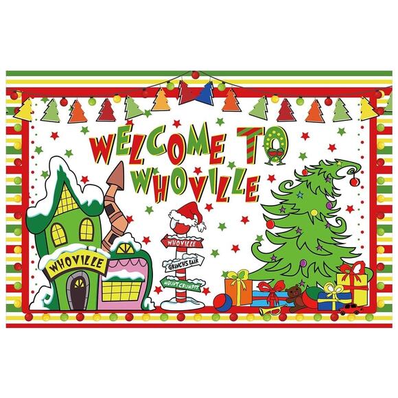 NIP WELCOME TO WHOVILLE Backdrop Banner Wall Hanging Christmas Grinch - Picture 1 of 2